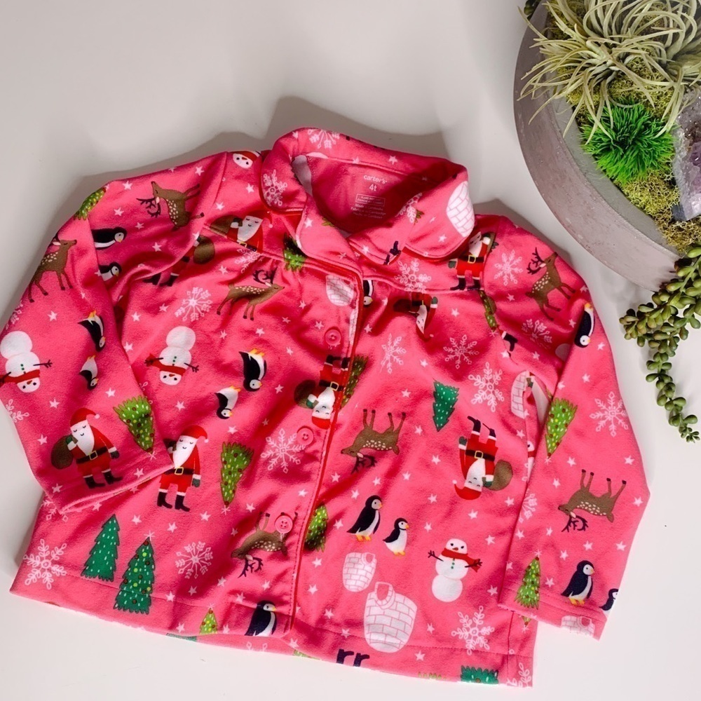 Carter’s fleece pink button down Christmas pajama 4t girls